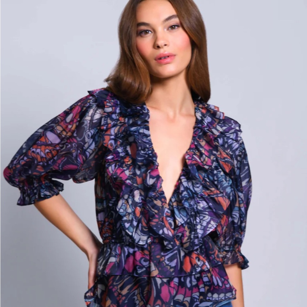 Floral Ruffle Blouse - Purple and Pink